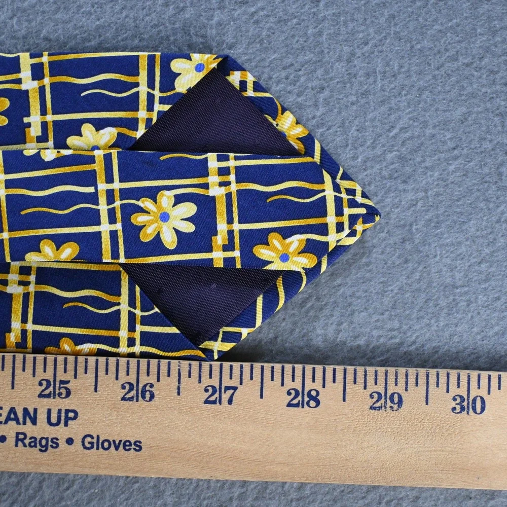 Paul Fredrick Mens Floral Grid Italian Silk Handmade Necktie OS Blue Yellow USA